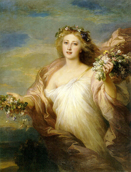 A Renaissance style Romantic Art Work of Eostre, the Germanic Goddess of Dawn and Spring. She is wearing a flowing white gown with a flower crown. In her hands is bouquets of spring flowers.