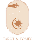 tarot and tomes logo of a handing holding a string with a crescent moon at the end